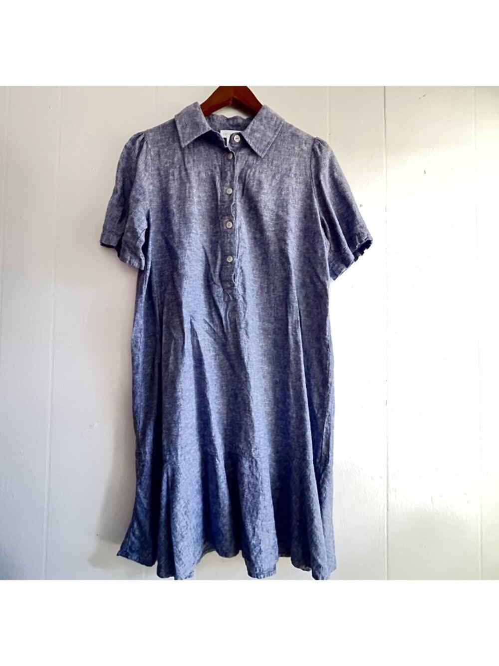 Cynthia Rowley Shirt Dress Linen Blue Chambray Preppy Peplum Ruffle Coastal Sz S
